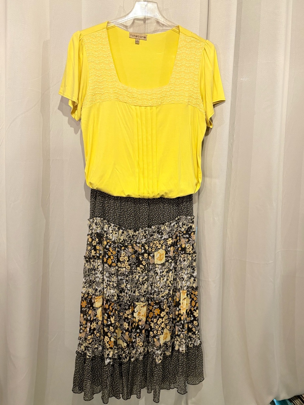 Yellow Scoop-Neck Top with Floral Tiered Fully Lined Skirt